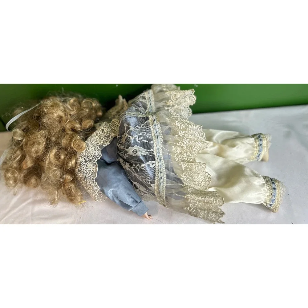 Vintage Porcelain Doll Blue Eyes Blonde Curls Victorian Lace Blue Cream Outfit